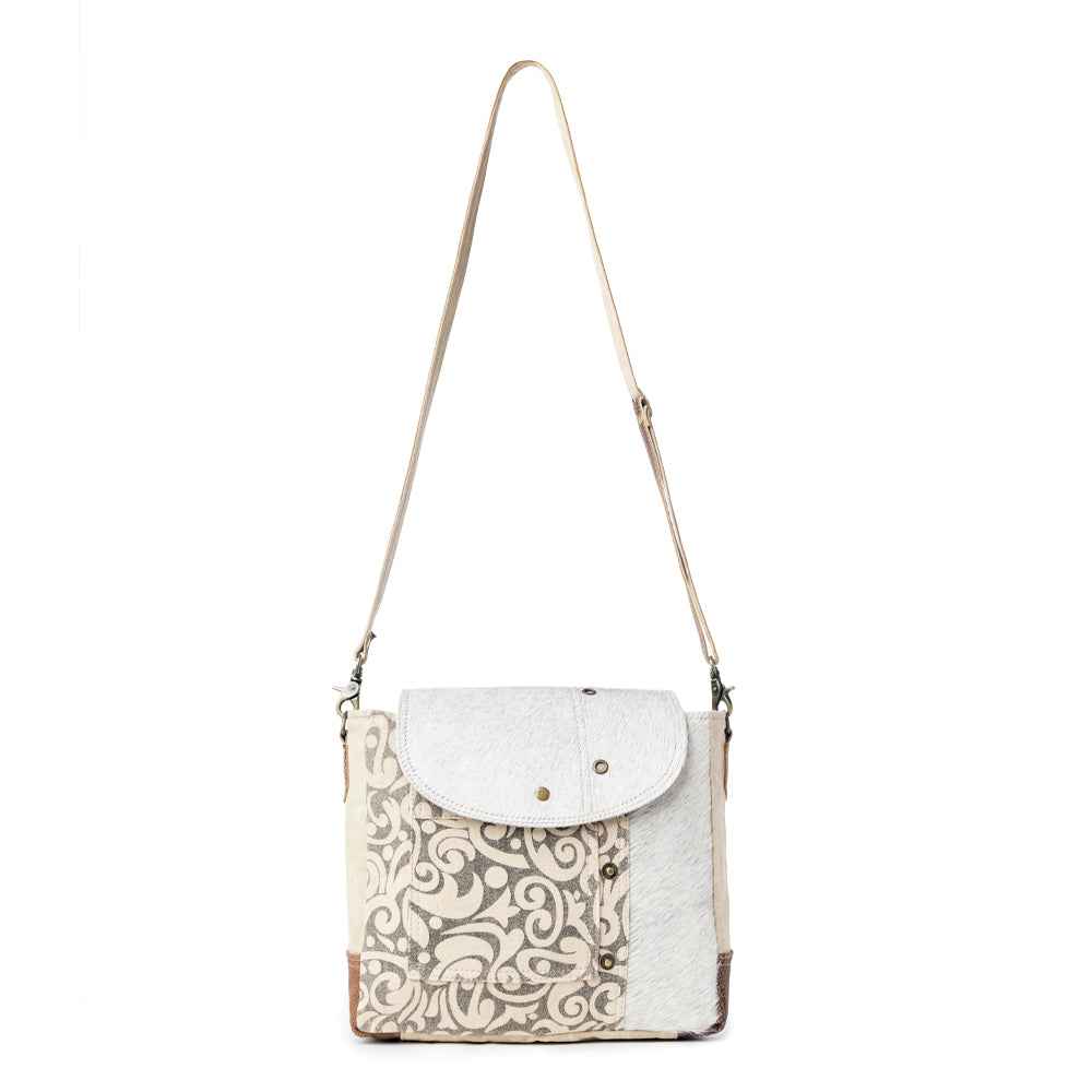 Myra Factual Hairon Leather Messenger Bag – Swirl Canvas, White Hairon Flap, Rustic Straps for Everyday Western Style