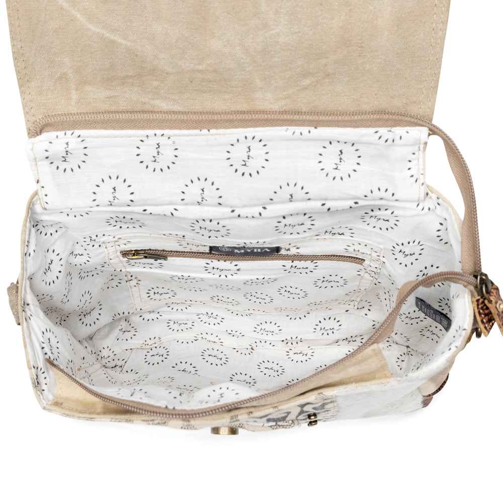 Myra Factual Hairon Leather Messenger Bag – Swirl Canvas, White Hairon Flap, Rustic Straps for Everyday Western Style