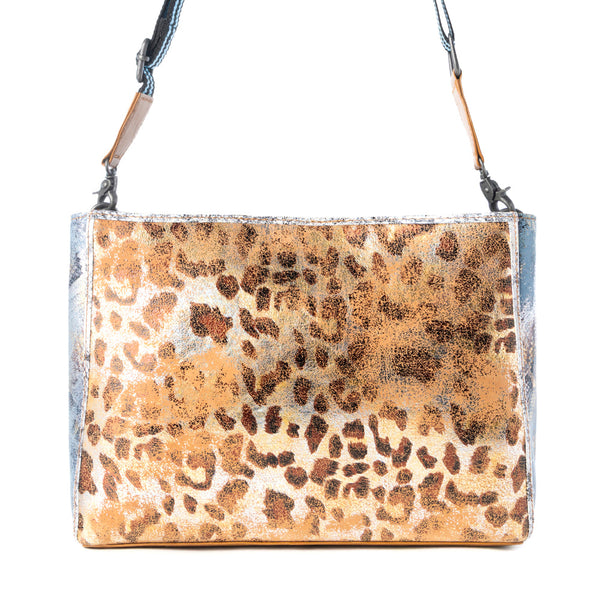 Safari Glow Leather Bag for Women in Brown with metallic detail and shoulder strap - Myra USA