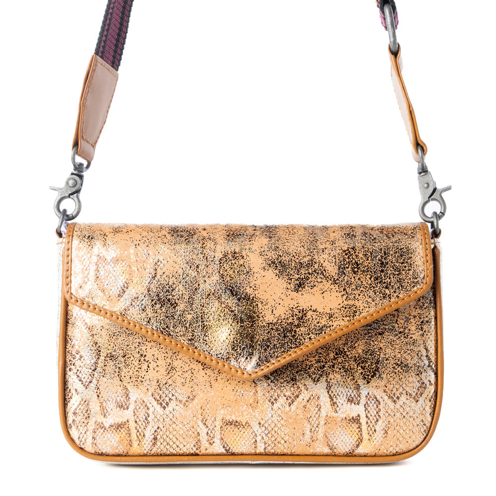 Wild Print Leather Bag for Women in Golden with snake print detail and shoulder strap - Myra USA