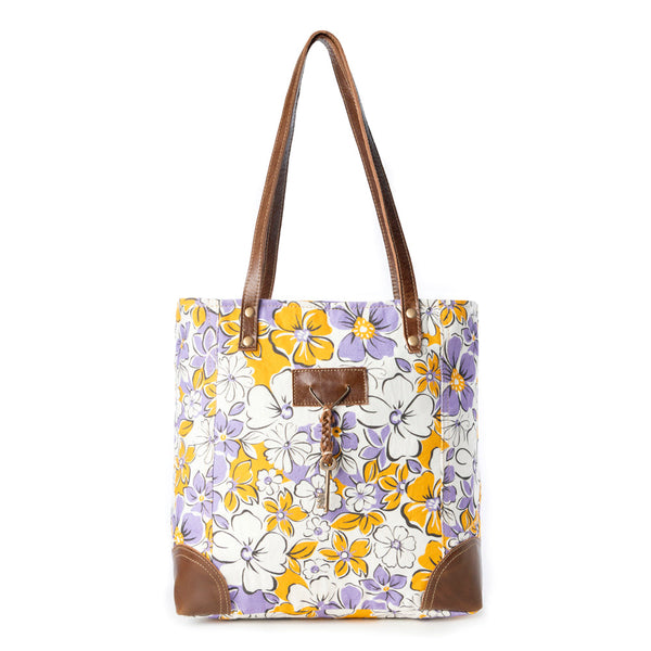 Retro Bloom upcycled canvas tote Bag for Women in yellow with leather detail - Myra USA