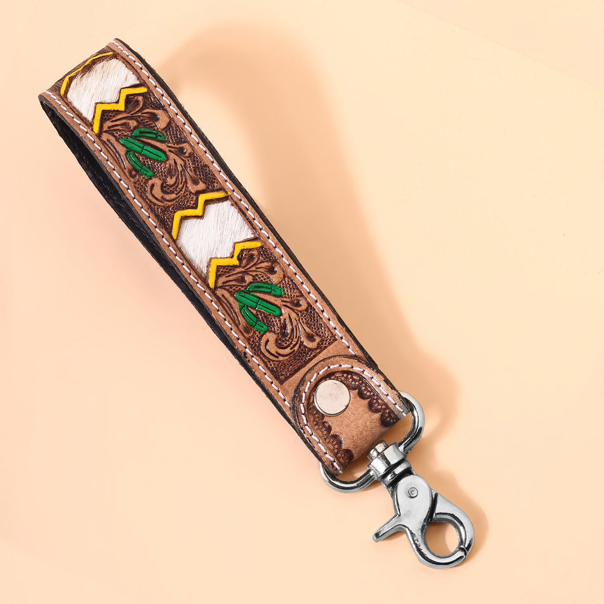Myra Soaring Bloom Handtooled Leather Keyfob in cactus green - Myra USA