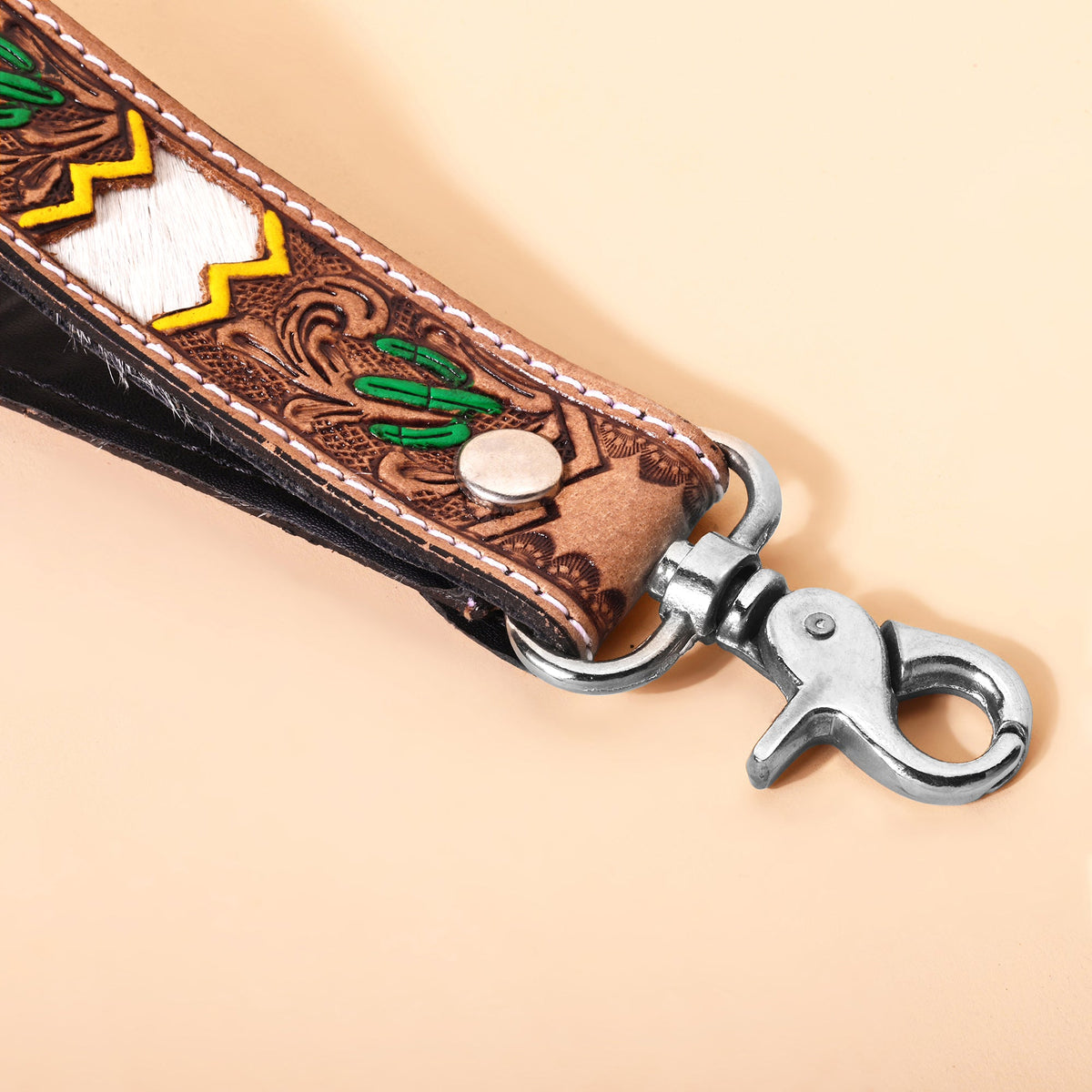 Myra Soaring Bloom Handtooled Leather Keyfob in cactus green - Myra USA