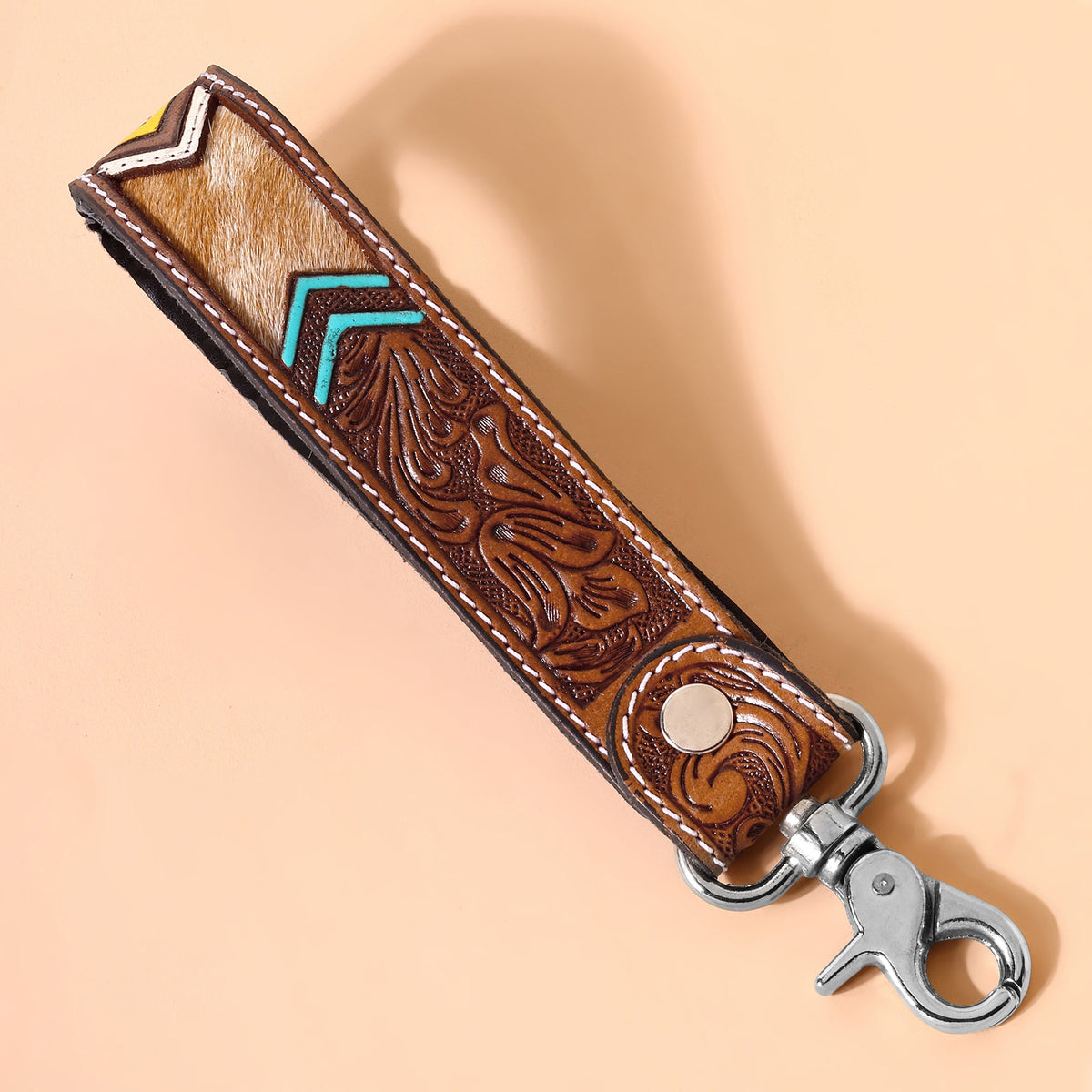 Myra Soaring Bloom Handtooled Leather Keyfob in desert turquoise - Myra USA