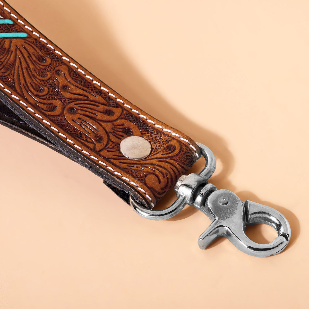Myra Soaring Bloom Handtooled Leather Keyfob in desert turquoise - Myra USA