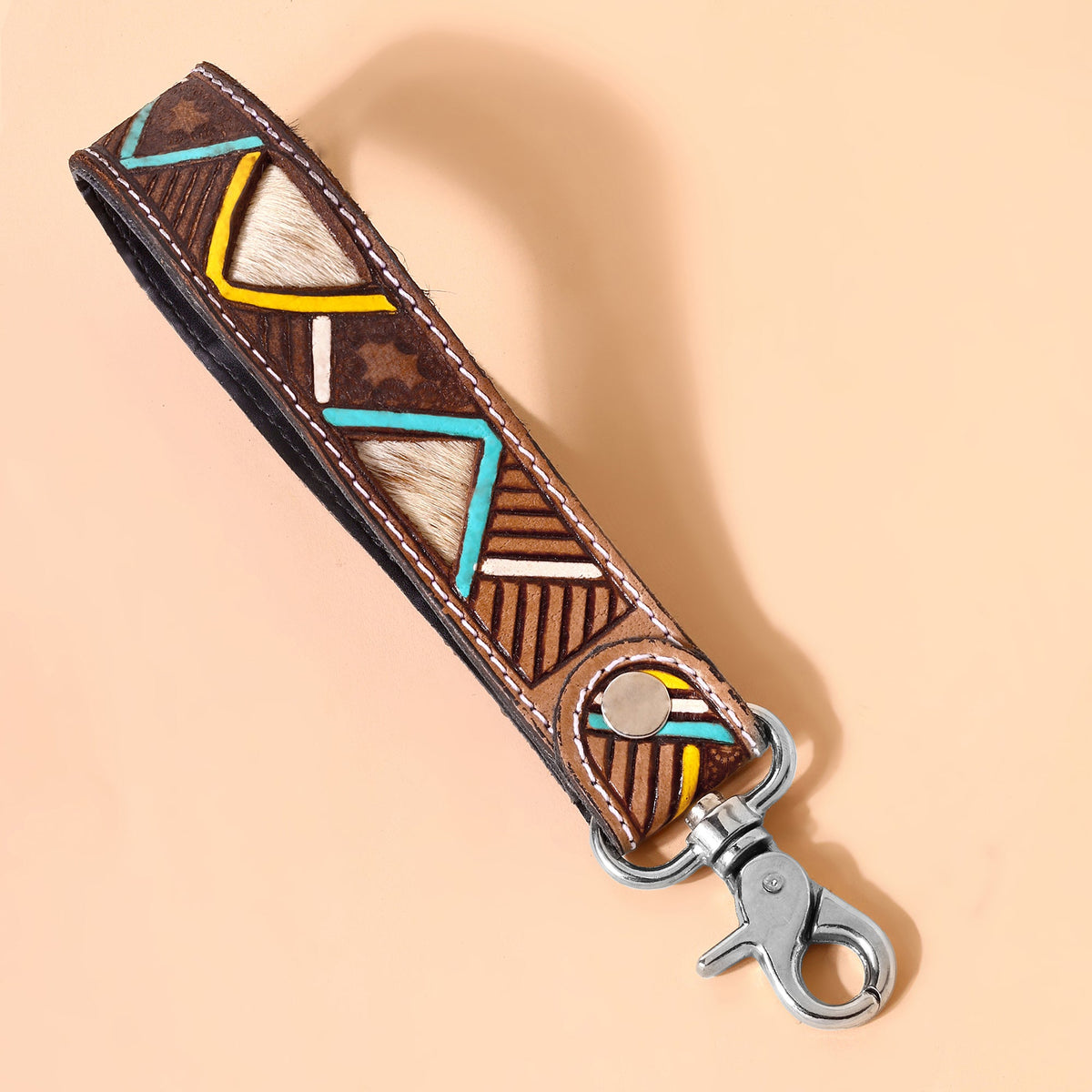 Myra Soaring Bloom Handtooled Leather Keyfob in saddle tan - Myra USA