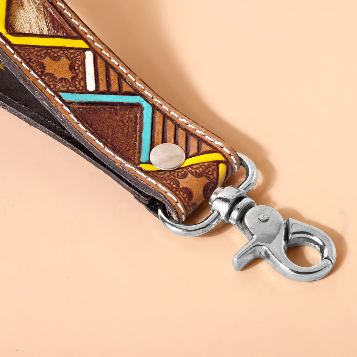 Myra Soaring Bloom Handtooled Leather Keyfob in saddle tan - Myra USA