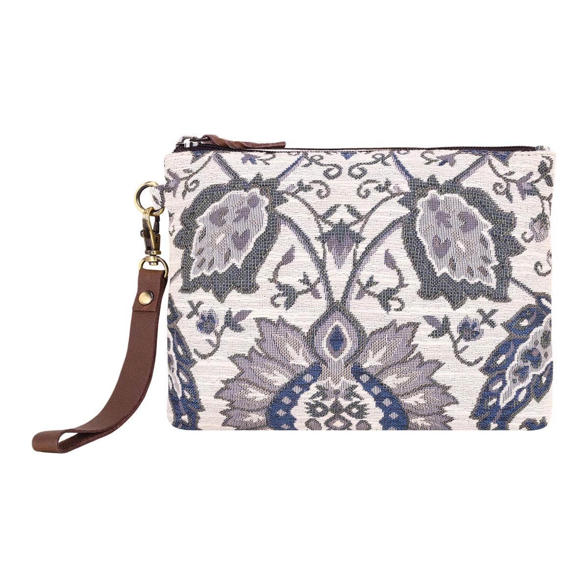 Myra Cinderbluff Wristlet for Women in jacquard with leather strap, olive floral - Myra USA