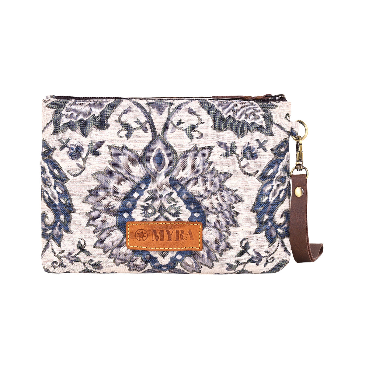 Myra Cinderbluff Wristlet for Women in jacquard with leather strap, olive floral - Myra USA
