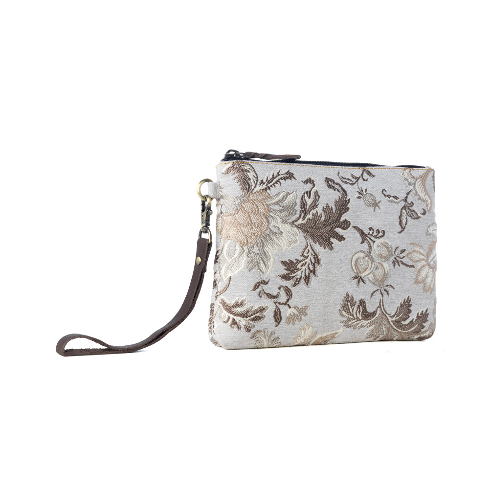 Myra Cinderbluff Wristlet for Women in jacquard with leather strap, sage floral - Myra USA