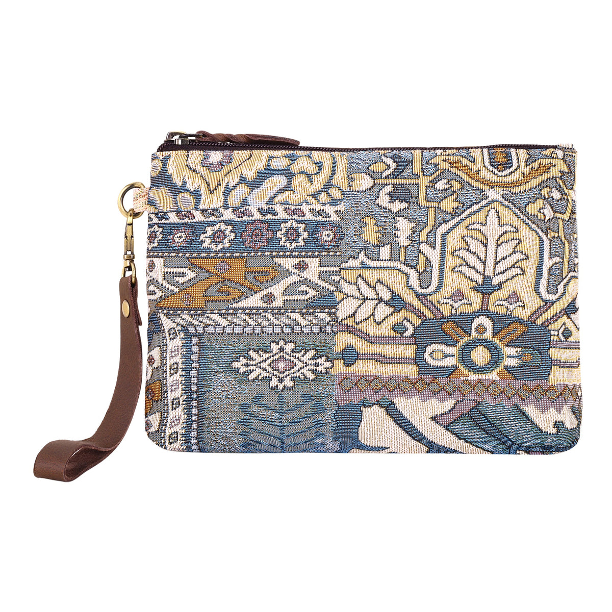 Myra Cinderbluff Wristlet for Women in jacquard with leather strap, blue tapestry - Myra USA