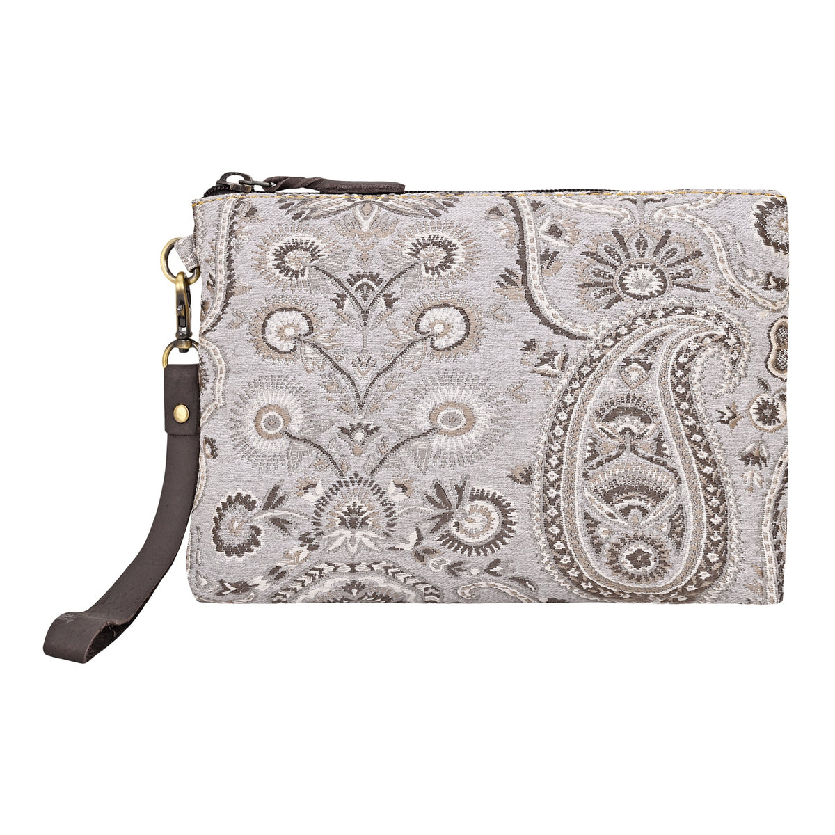 Myra Cinderbluff Wristlet for Women in jacquard with leather strap, ivory paisley - Myra USA