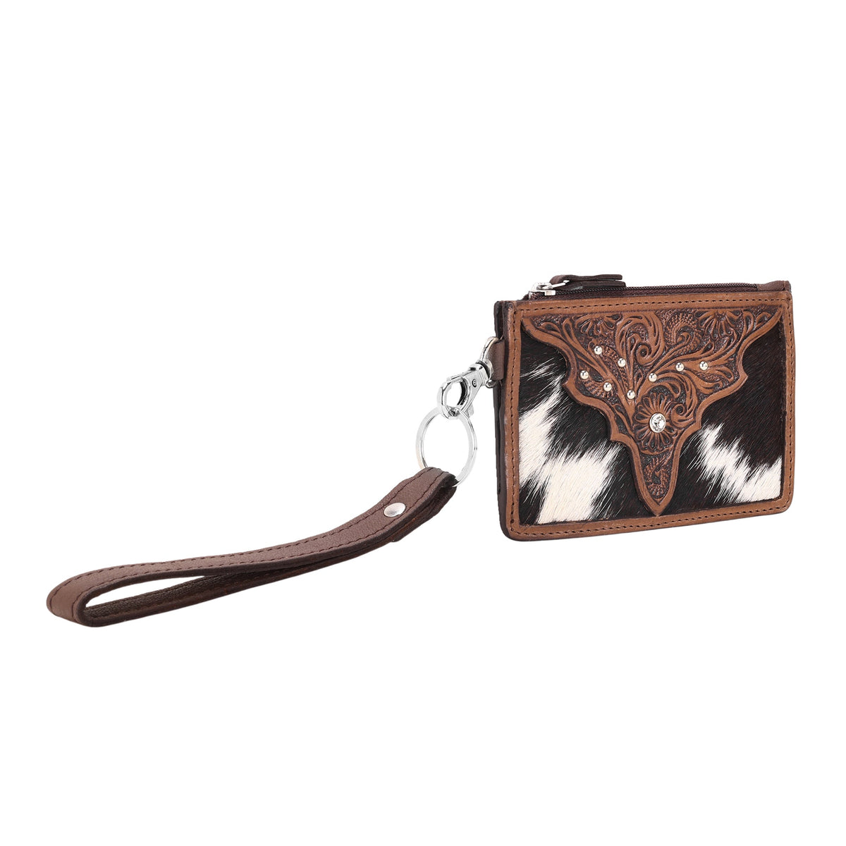 Myra Hand Hewn Card Holder for Women in brown with hair on and hand tooled detail - Myra USA