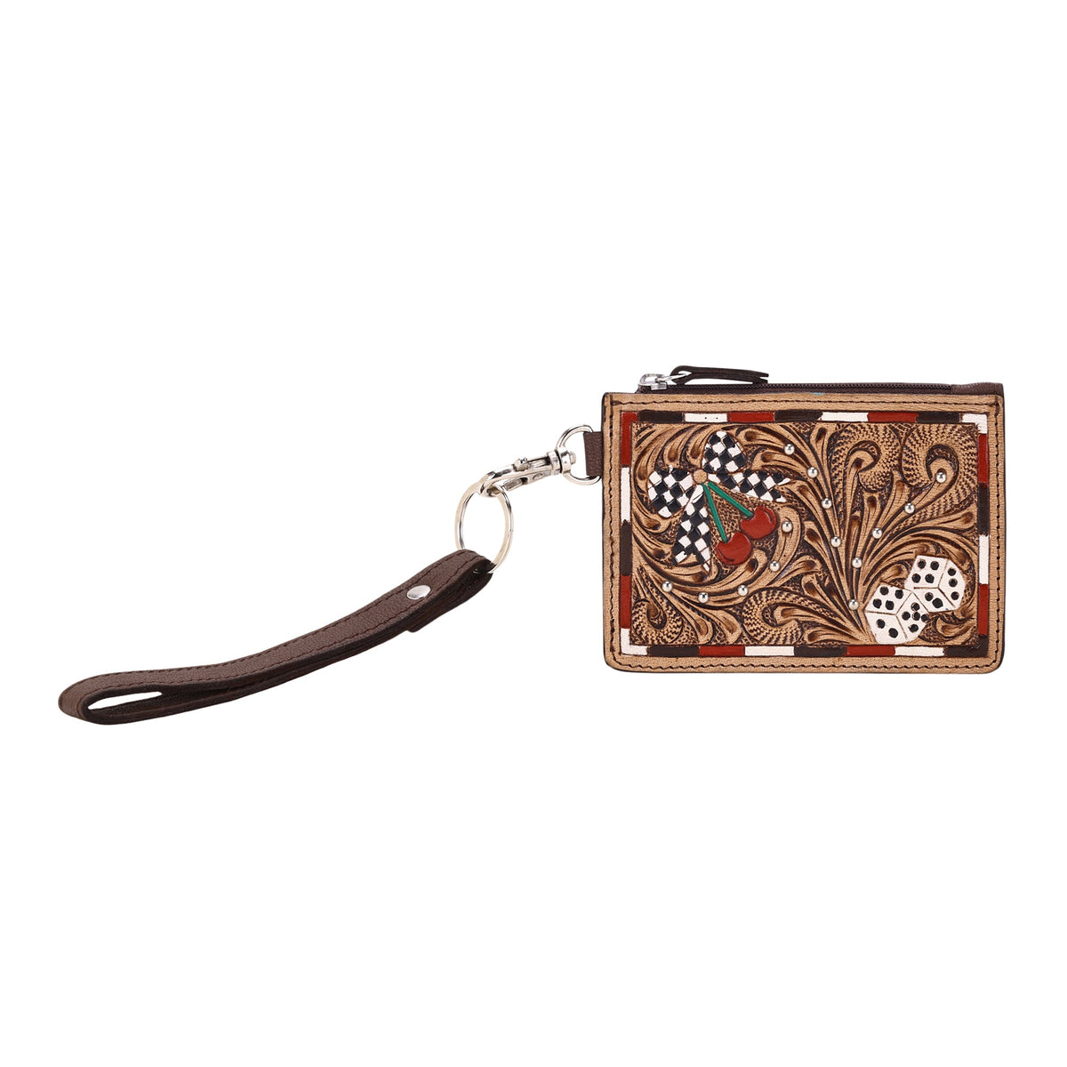 Myra Hand Hewn Card Holder for Women in tan with hand tooled dice and cherries - Myra USA