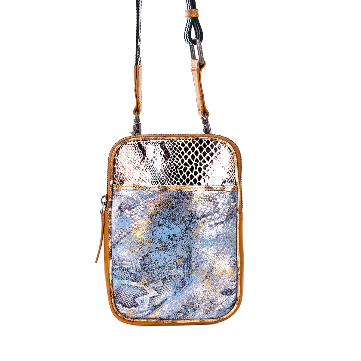 Myra Dryvale Cell Phone Holder for Women in blue with metallic leather and webbing strap - Myra USA