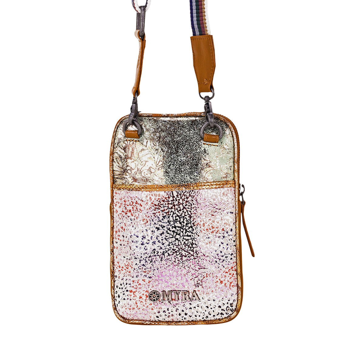 Myra Dryvale Cell Phone Holder for Women in ivory with metallic leather and webbing strap - Myra USA