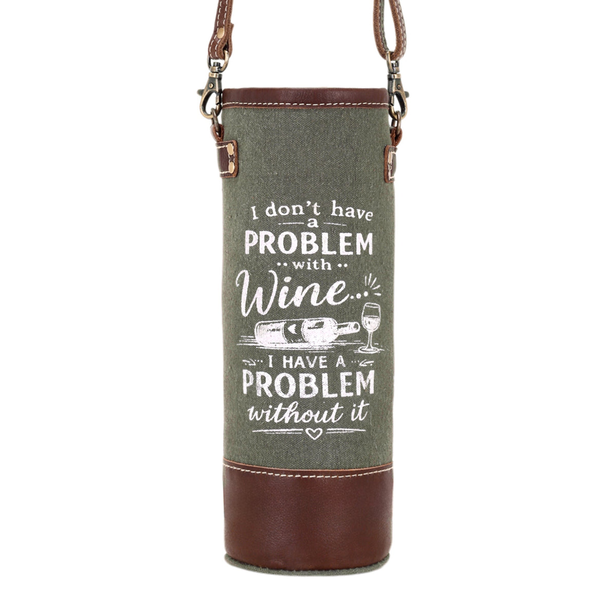 Myra Problem with Wine Bottle Carrier in olive with vintage print - Myra USA