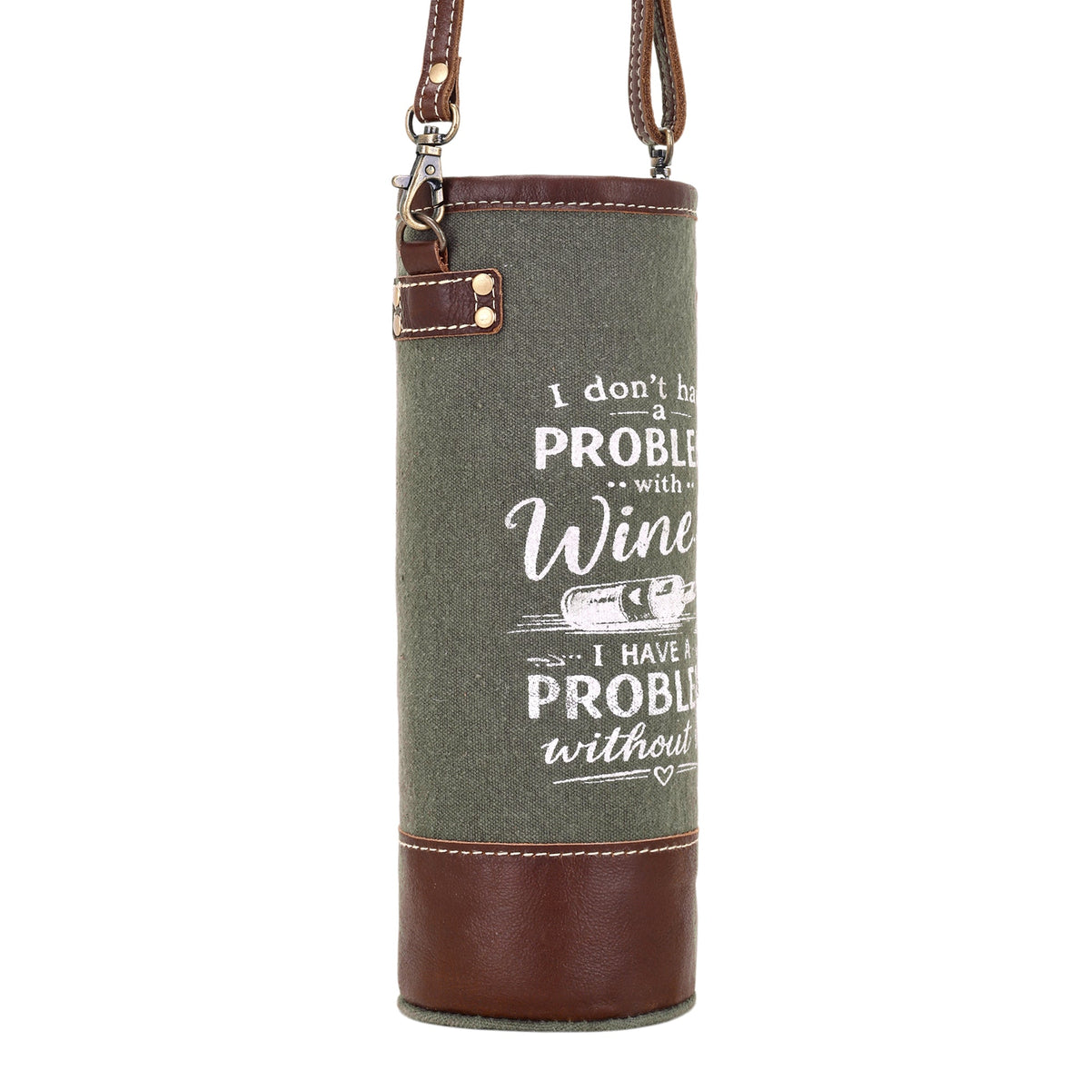 Myra Problem with Wine Bottle Carrier in olive with vintage print - Myra USA