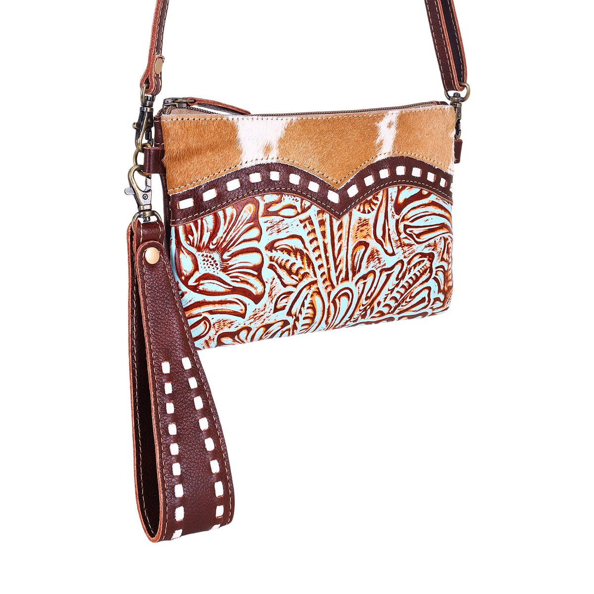 Myra Ocotillo Belt Bag for Women in turquoise with embossed leather and buckstitch - Myra USA
