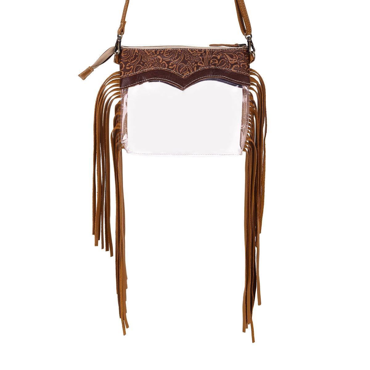 Myra Chuckline Clear Crossbody Bag for Women in tan with suede fringe - Myra USA