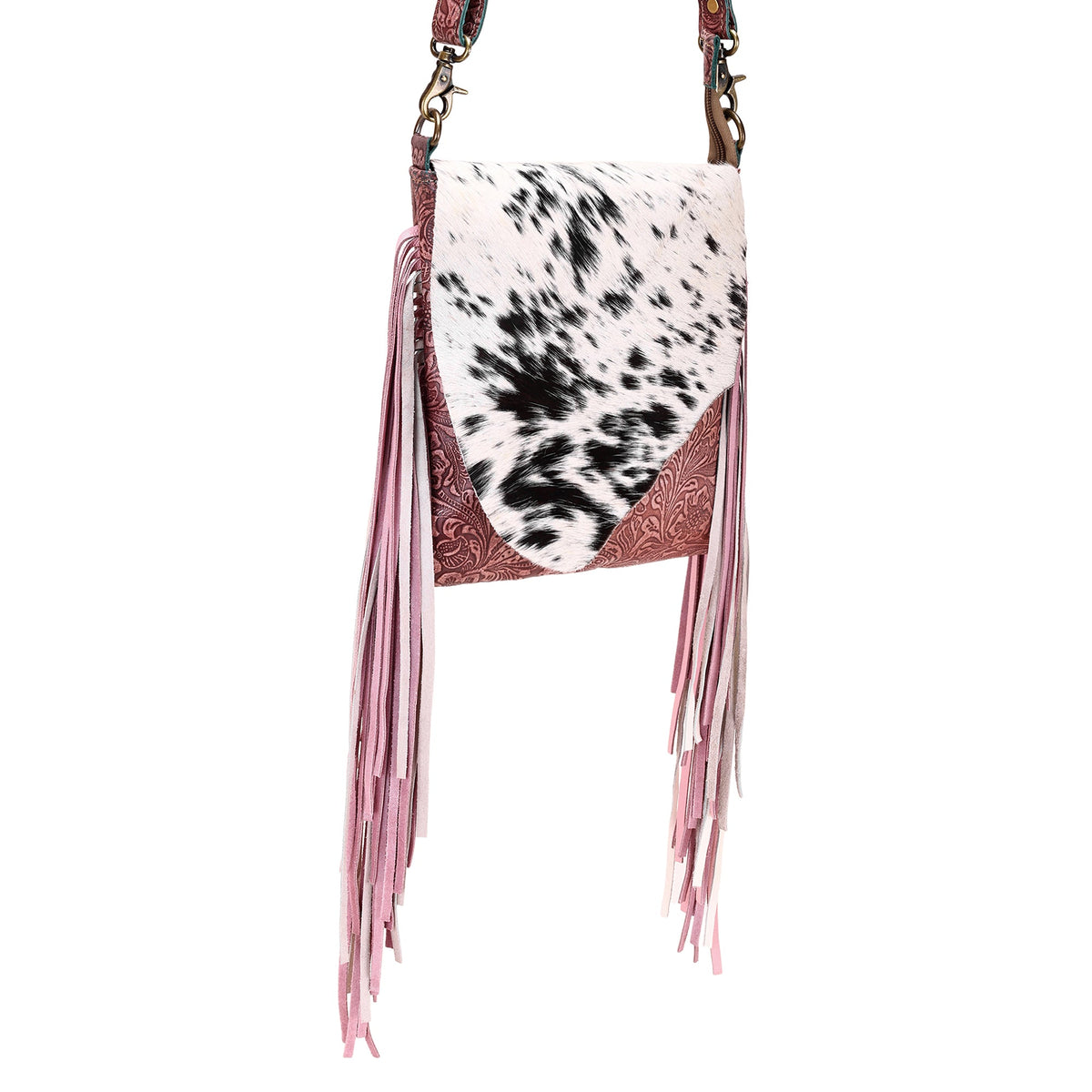 Myra Cobal Pink Concealed Carry Bag in Hair on Leather with embossed detailing and fringe - Myra USA
