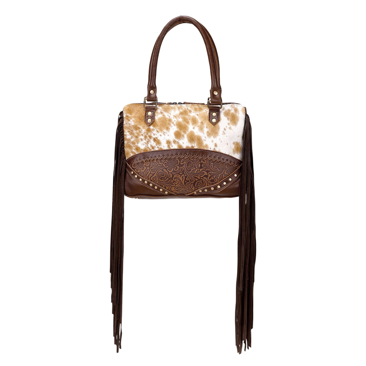 Myra Tan Freckles Concealed Carry Bag in Hair on Leather with Fringe and Tooled Trim - Myra USA