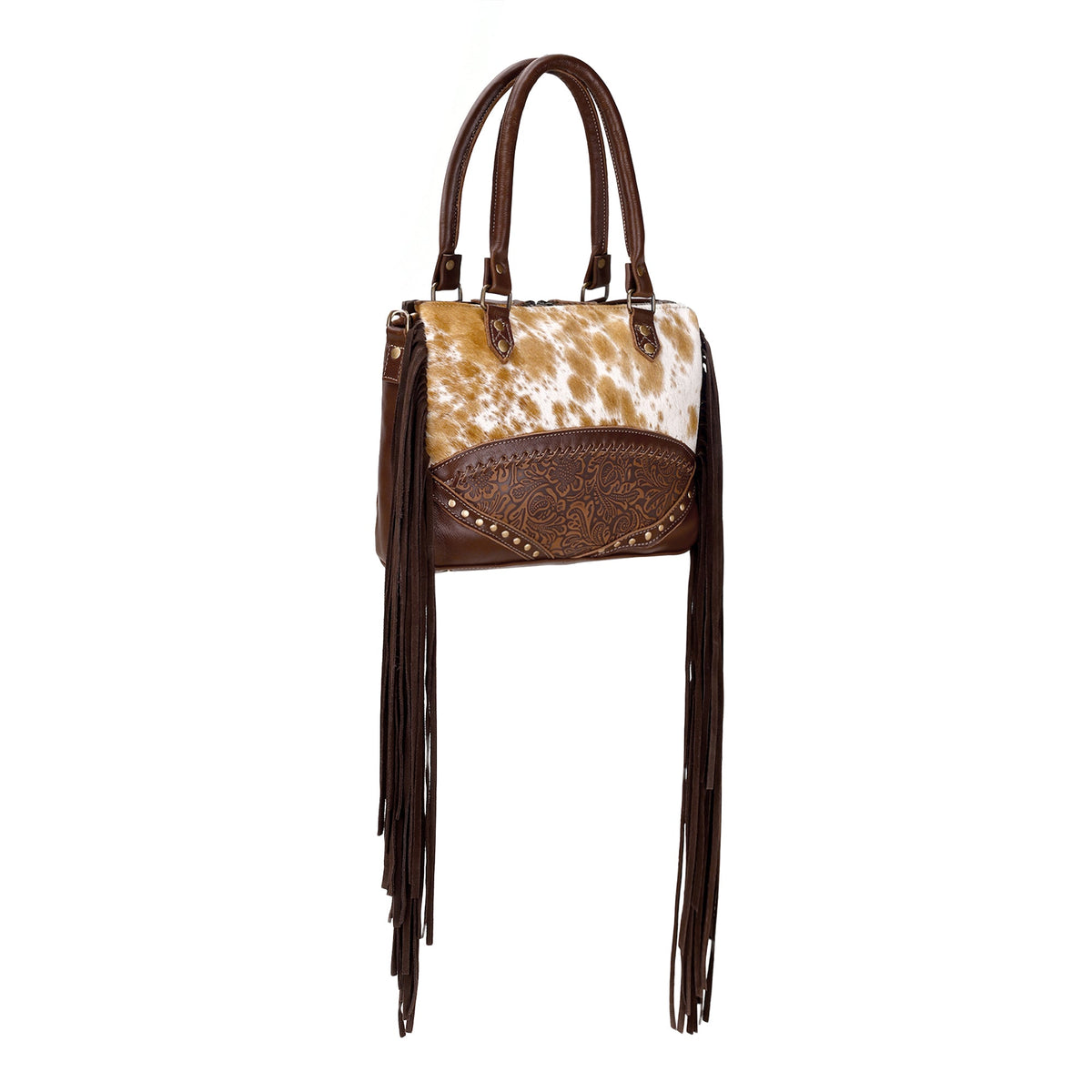 Myra Tan Freckles Concealed Carry Bag in Hair on Leather with Fringe and Tooled Trim - Myra USA