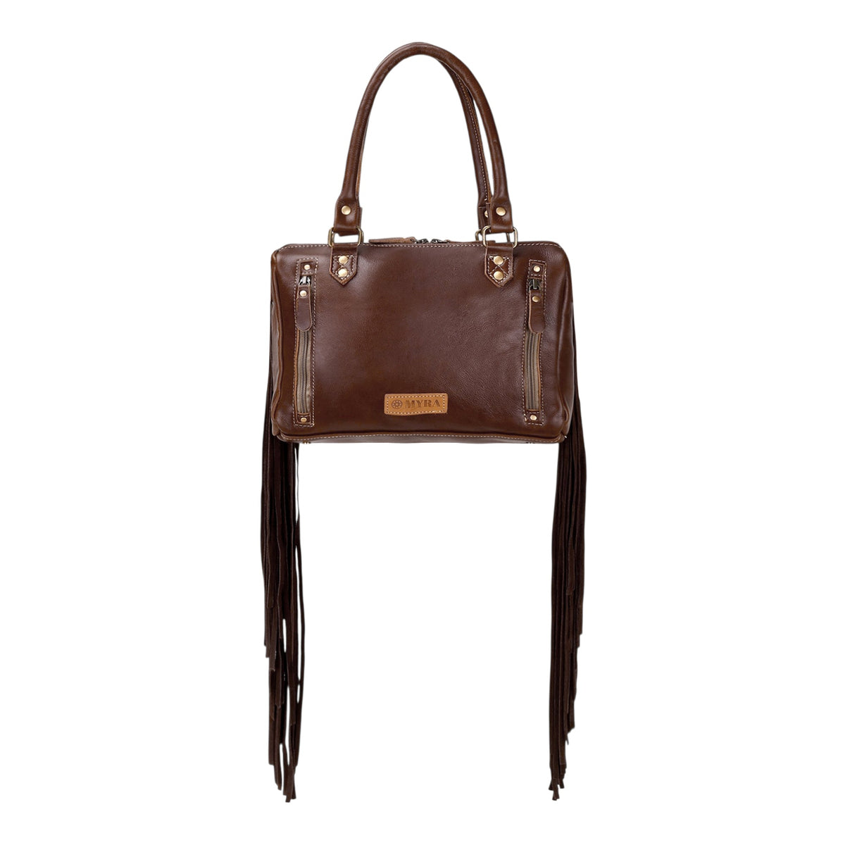 Myra Tan Freckles Concealed Carry Bag in Hair on Leather with Fringe and Tooled Trim - Myra USA