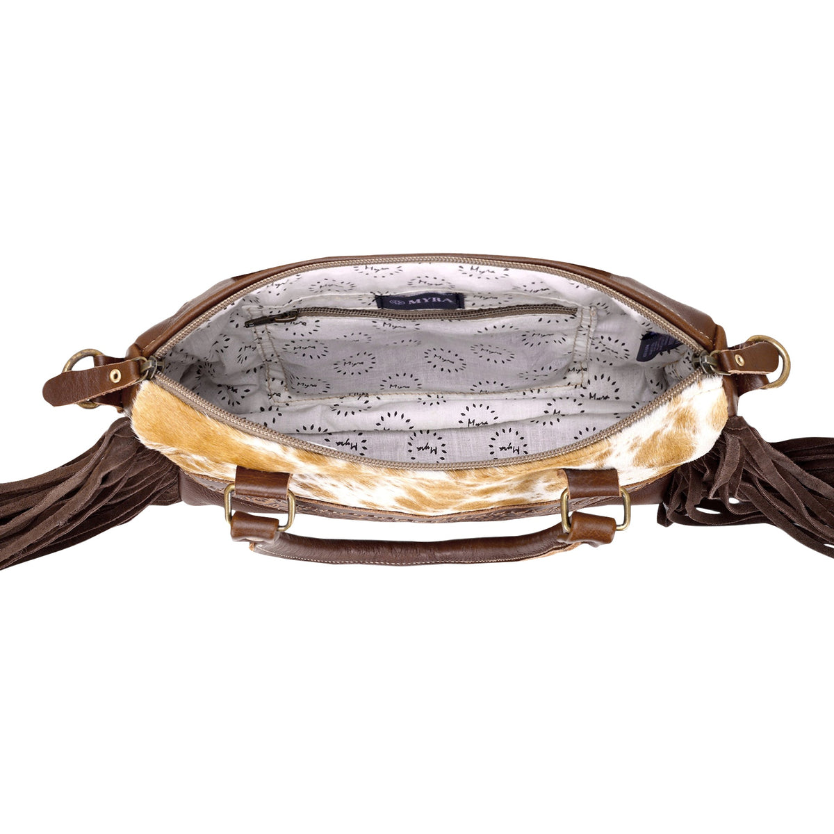 Myra Tan Freckles Concealed Carry Bag in Hair on Leather with Fringe and Tooled Trim - Myra USA