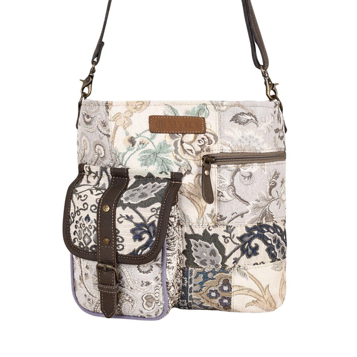 Myra Mossbloom Upcycled Canvas Bag for Women in cream with jacquard patchwork - Myra USA