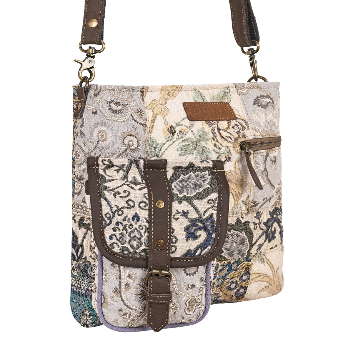 Myra Mossbloom Upcycled Canvas Bag for Women in cream with jacquard patchwork - Myra USA
