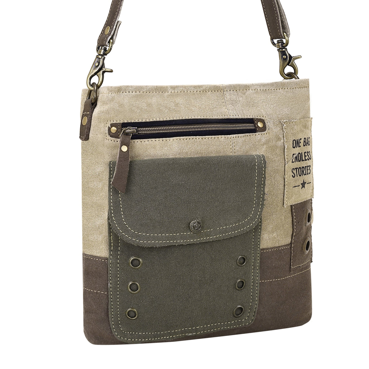 Myra Bricklebush Shoulder Bag for Women in olive with canvas patchwork - Myra USA