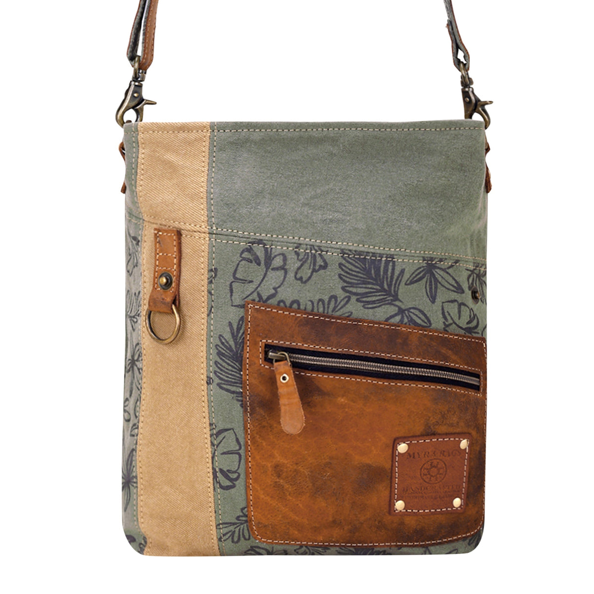 Myra Hopsage Upcycled Canvas Bag for Women in olive with leaf print - Myra USA