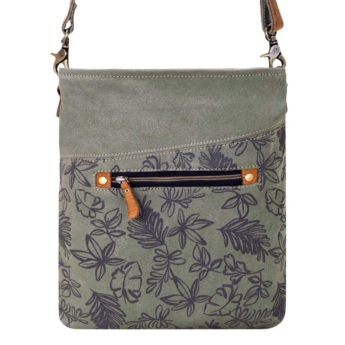 Myra Hopsage Upcycled Canvas Bag for Women in olive with leaf print - Myra USA