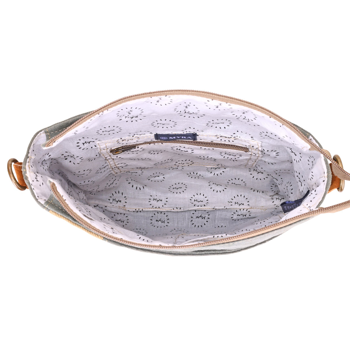 Myra Hopsage Upcycled Canvas Bag for Women in olive with leaf print - Myra USA