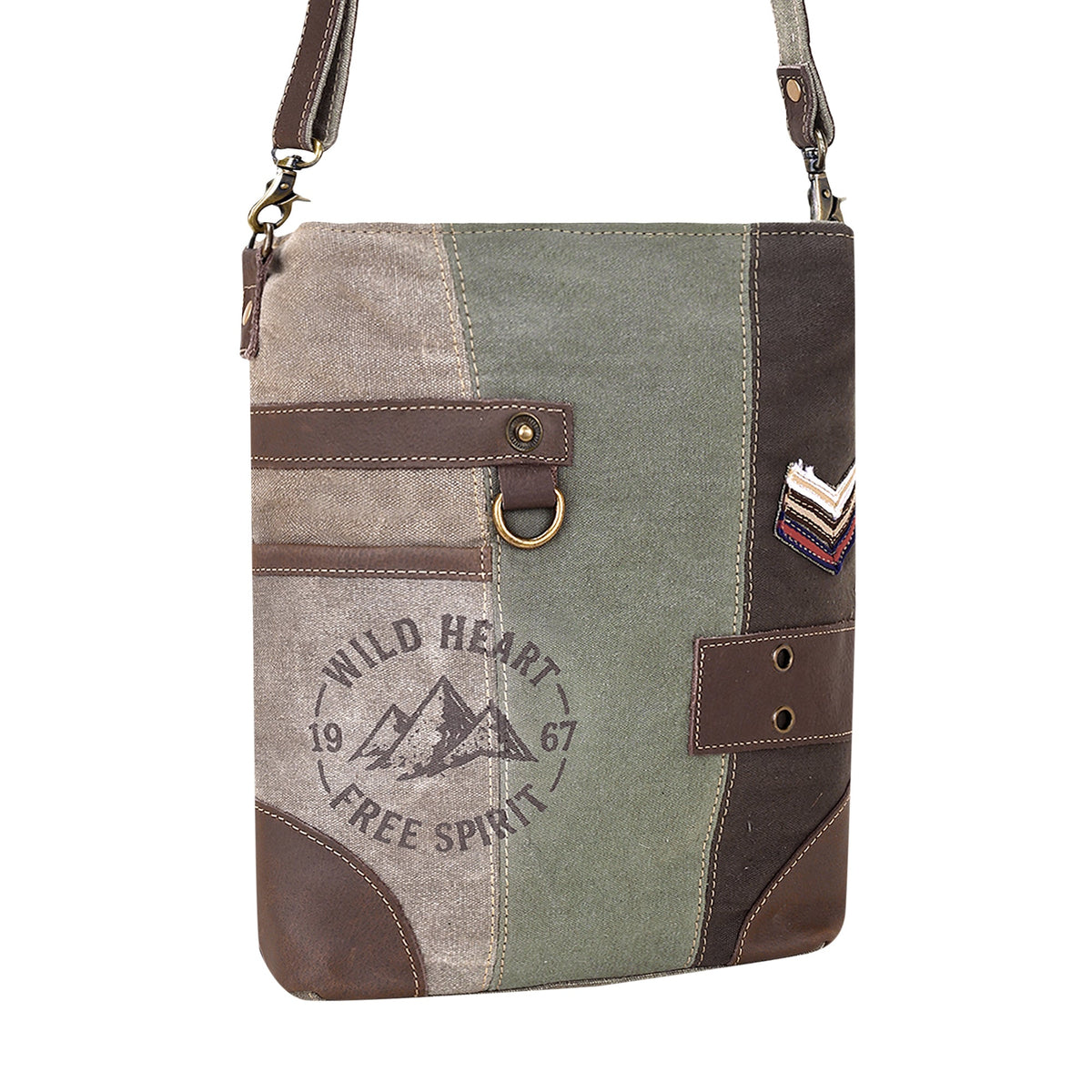 Myra Cenizo Upcycled Canvas Bag for Women in olive with chevron patch - Myra USA