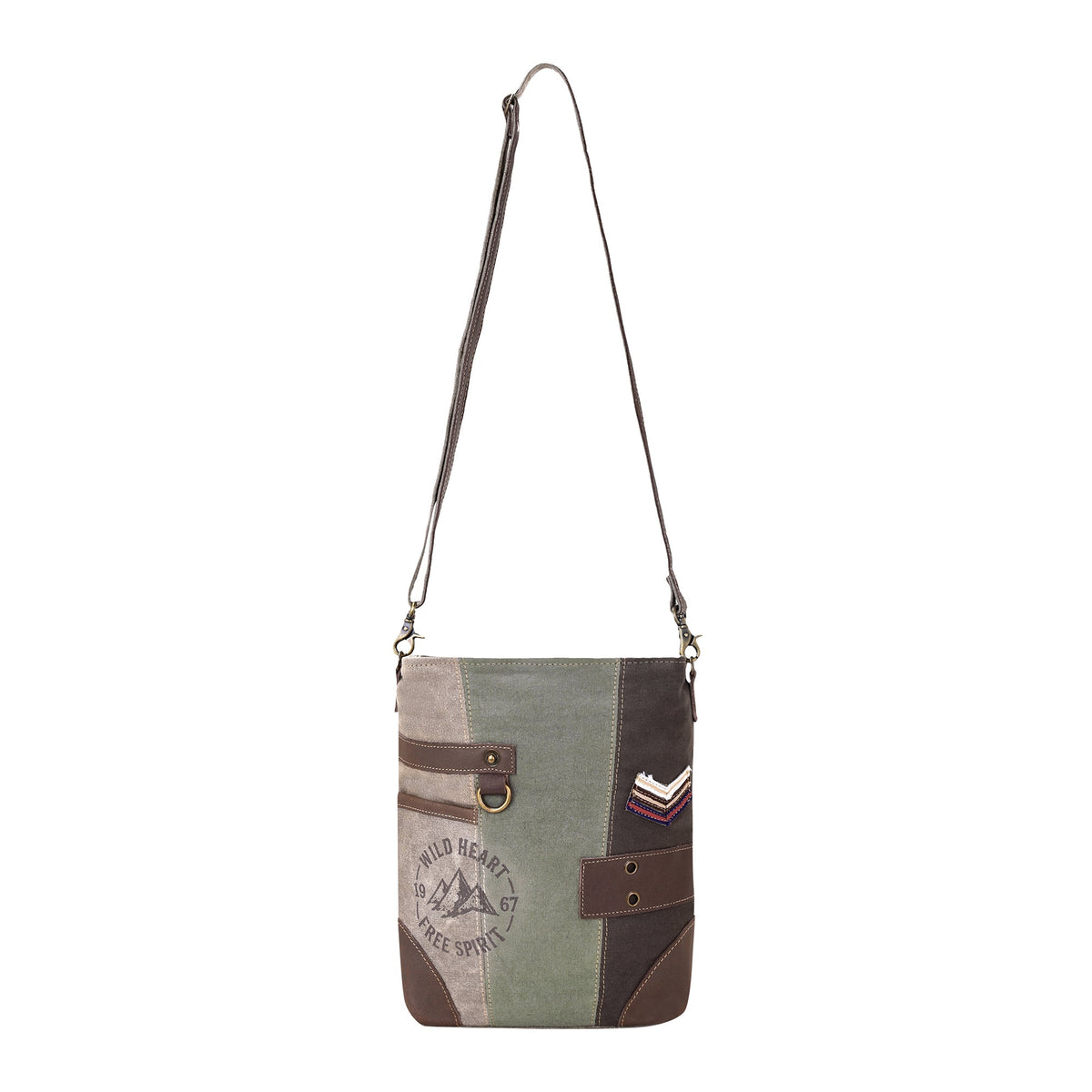 Myra Cenizo Upcycled Canvas Bag for Women in olive with chevron patch - Myra USA