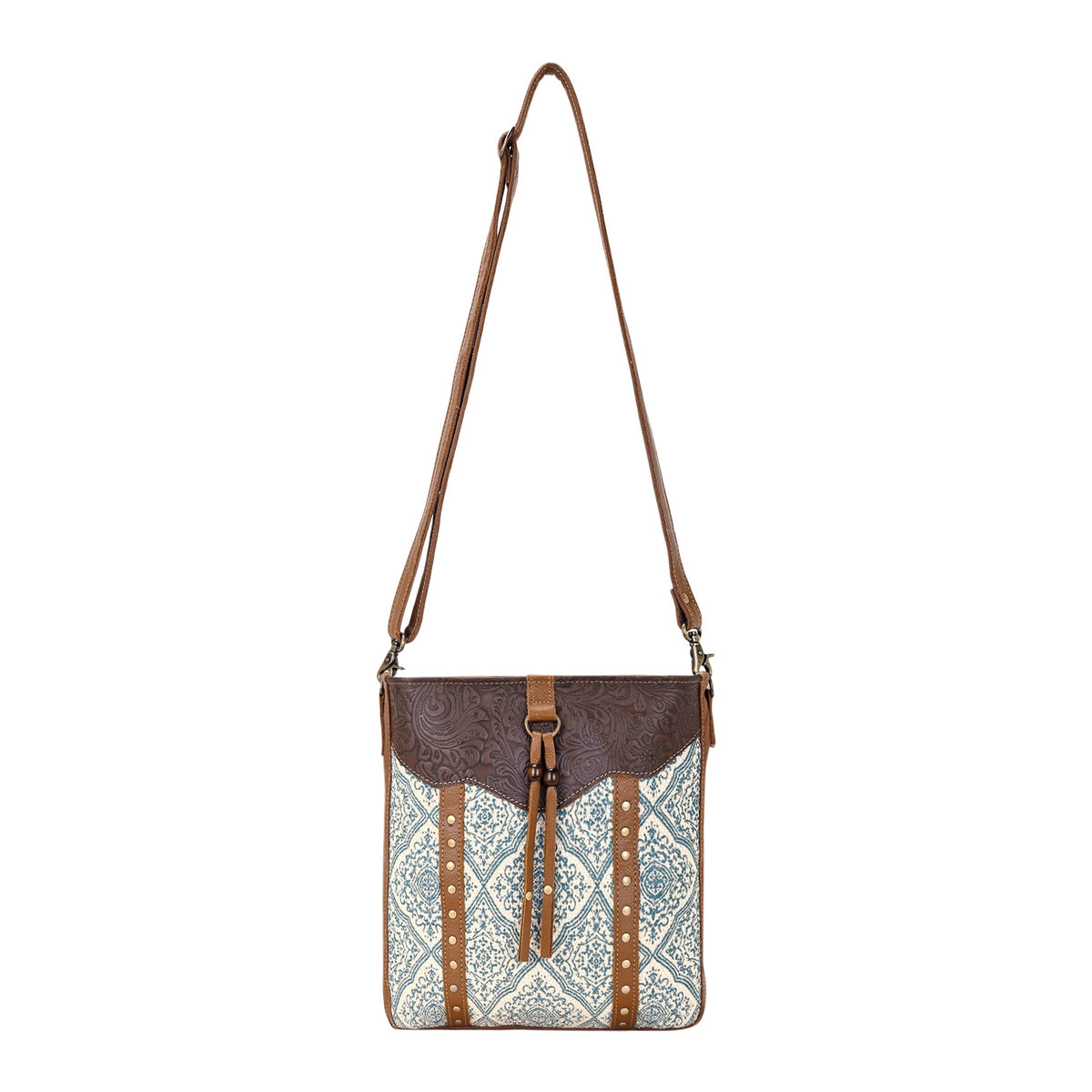 Myra Bitterbrush Upcycled Canvas Bag for Women in blue with block print - Myra USA