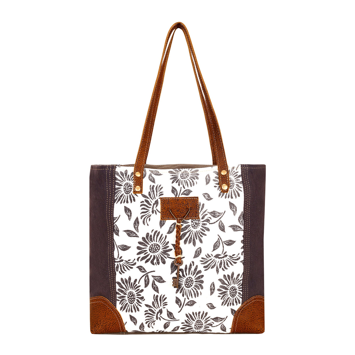 Myra Abstract Key Tote Bag in cream with sunflower print - Myra USA
