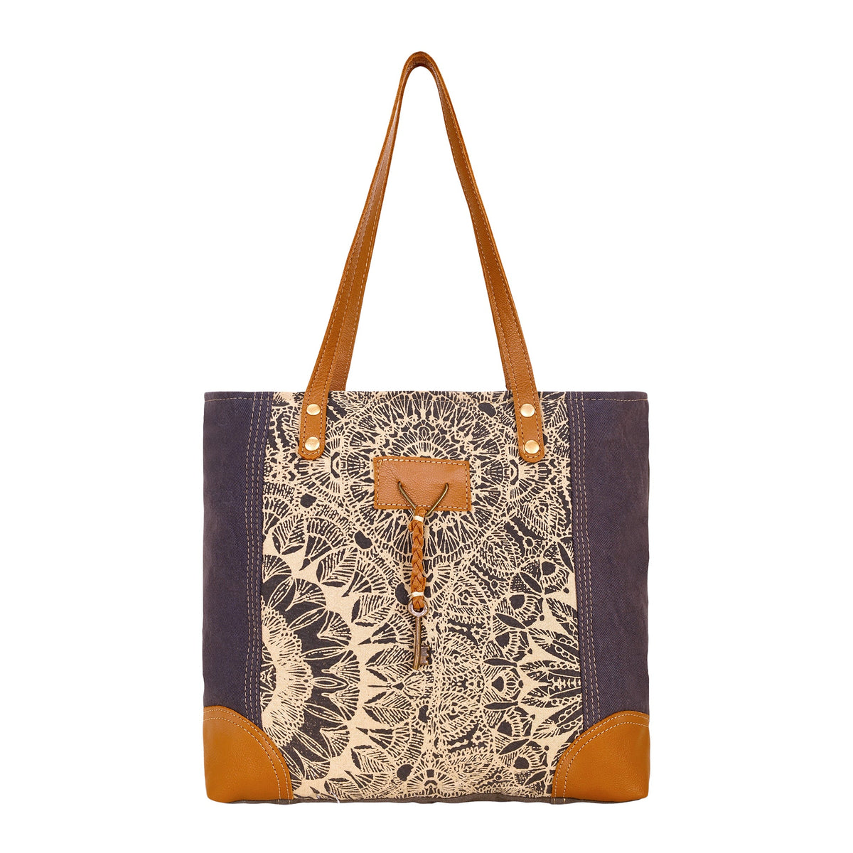 Myra Abstract Key Tote Bag in charcoal with lace print - Myra USA