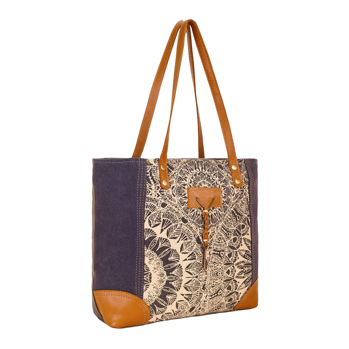 Myra Abstract Key Tote Bag in charcoal with lace print - Myra USA