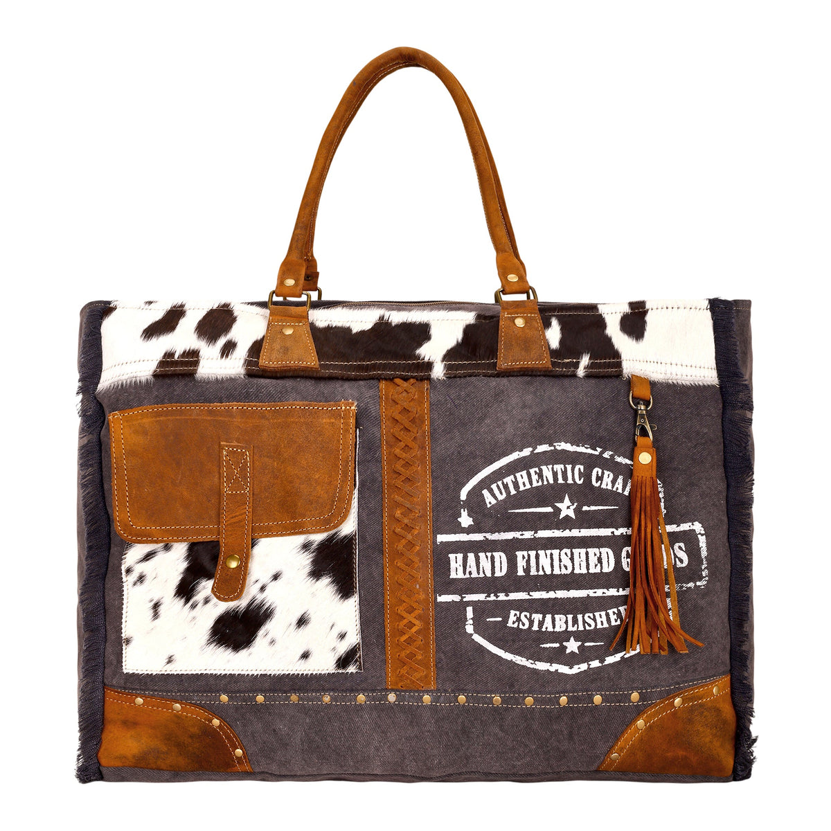 Myra Dakota Trail Hairon Leather Weekender Bag in charcoal with rustic fringe - Myra USA