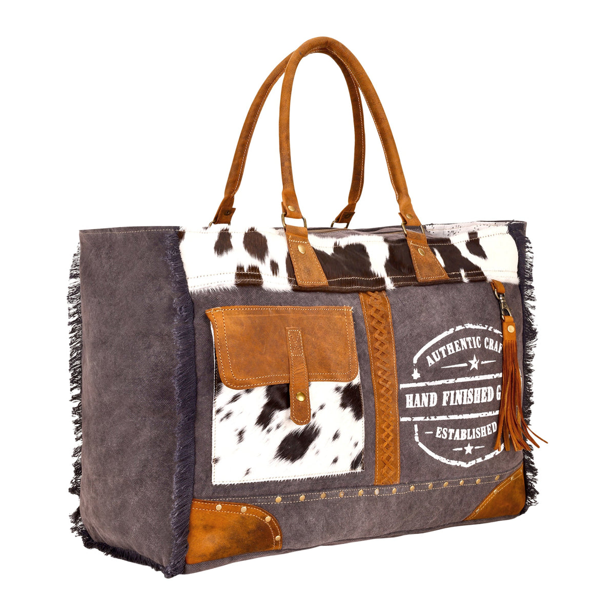 Myra Dakota Trail Hairon Leather Weekender Bag in charcoal with rustic fringe - Myra USA