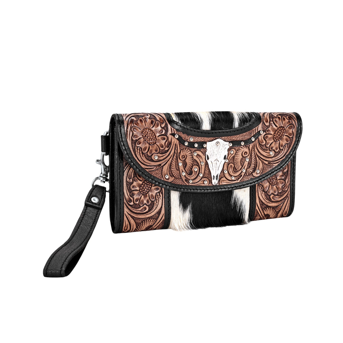 Myra Sandstone Trail Wristlet Wallet for Women in black with hair on and hand tooled steer skull - Myra USA