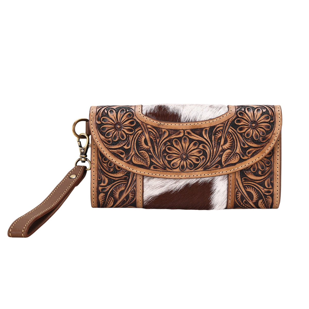 Myra Sandstone Trail Wristlet Wallet for Women in tan with hair on and hand tooled leather - Myra USA