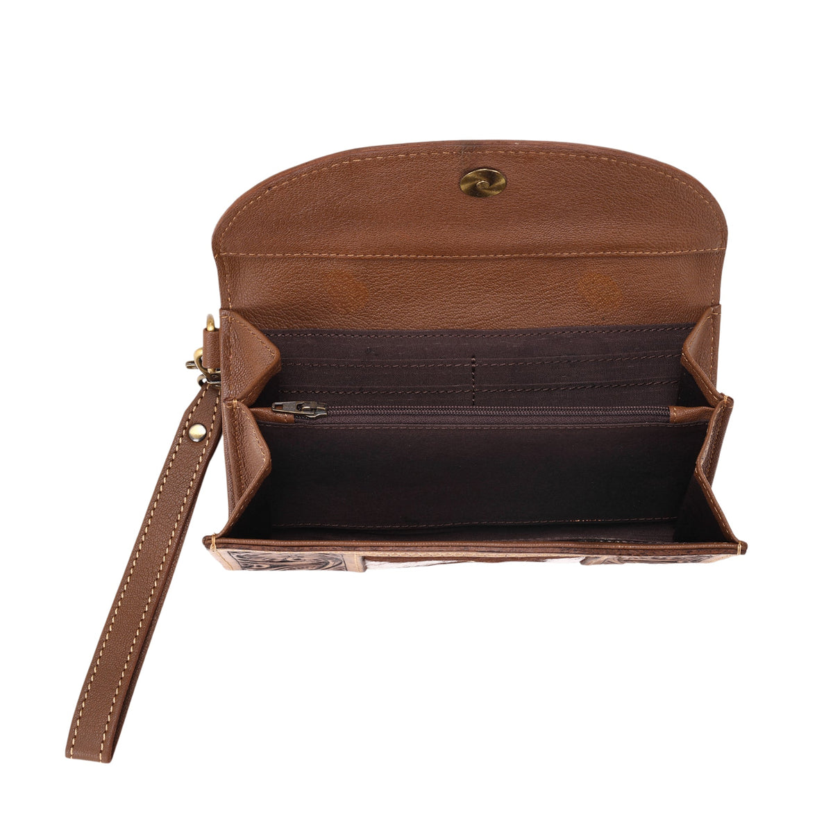 Myra Sandstone Trail Wristlet Wallet for Women in tan with hair on and hand tooled leather - Myra USA