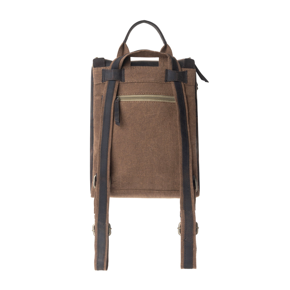 Carriage Port Slimline Backpack in khaki with canvas and leather