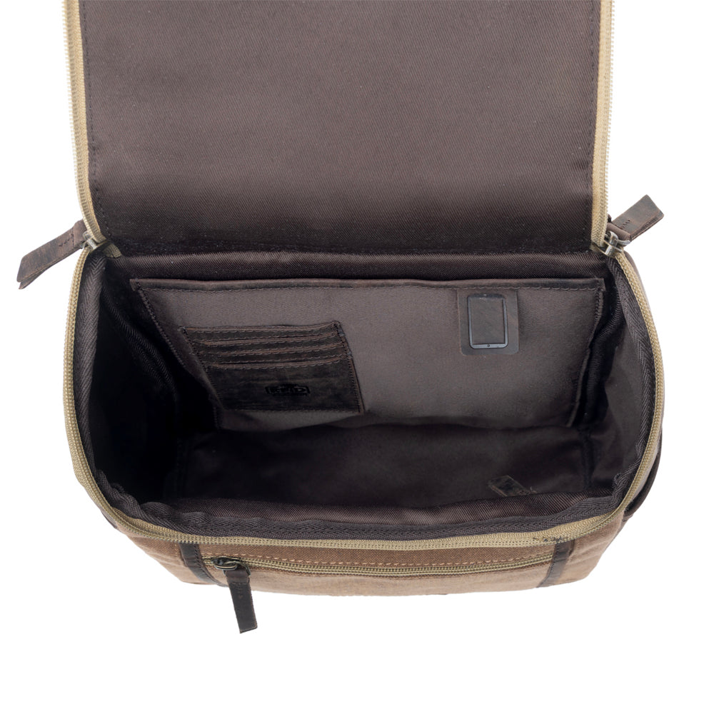 Carriage Port Slimline Backpack in khaki with canvas and leather