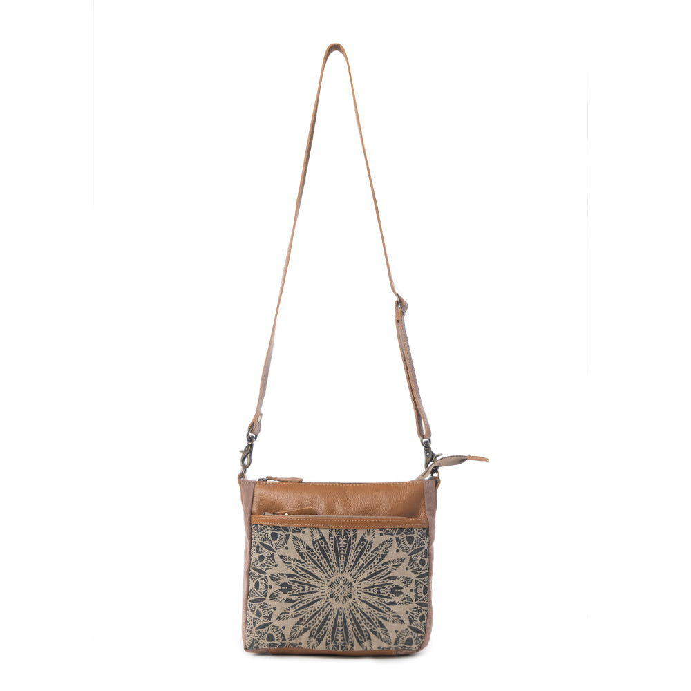 Myra Dizzy Circle Leather Shoulder Bag for Women Sunburst Floral Print, Adjustable Strap, Rustic Everyday Companion - Myra USA