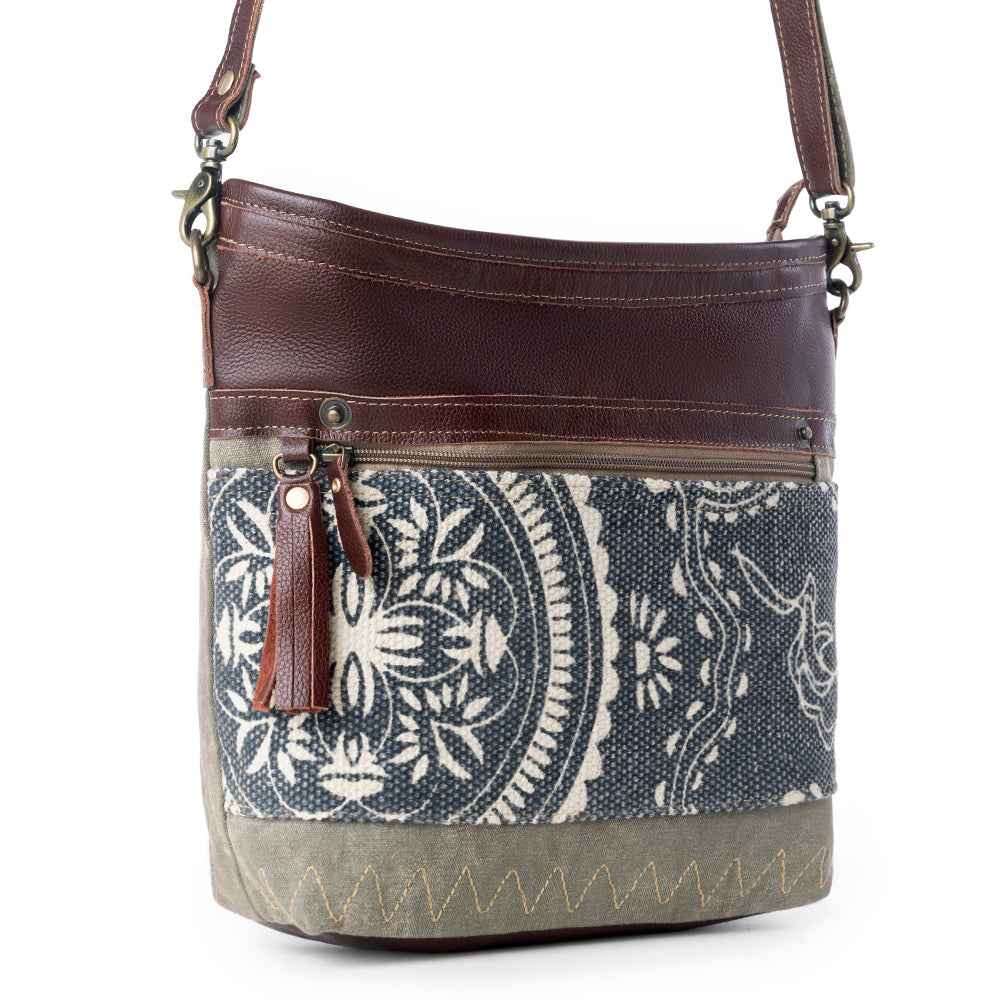 Myra Vogue Shoulder Bag for Women with upcycled canvas and genuine leather with zigzag woven accents